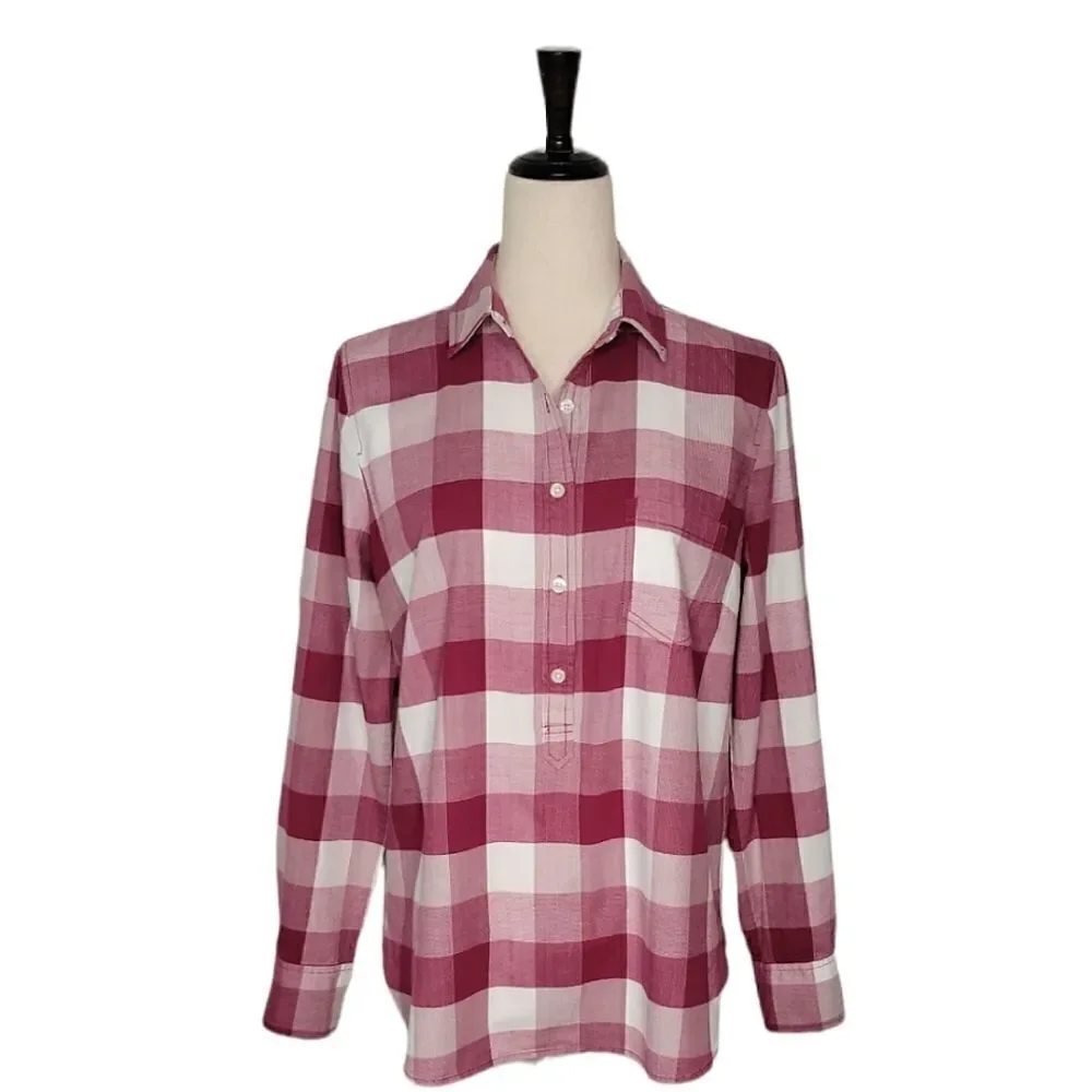 J. Crew Purple Plaid 100% Cotton Half Button Down Long Sleeve Tunic Top